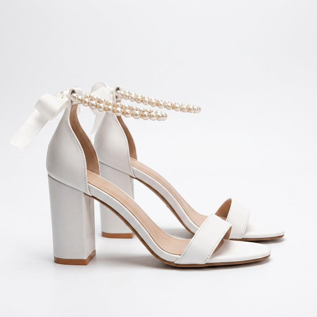 White Block Heel Sandals Pearl Strap Evening Shoes - photo 2