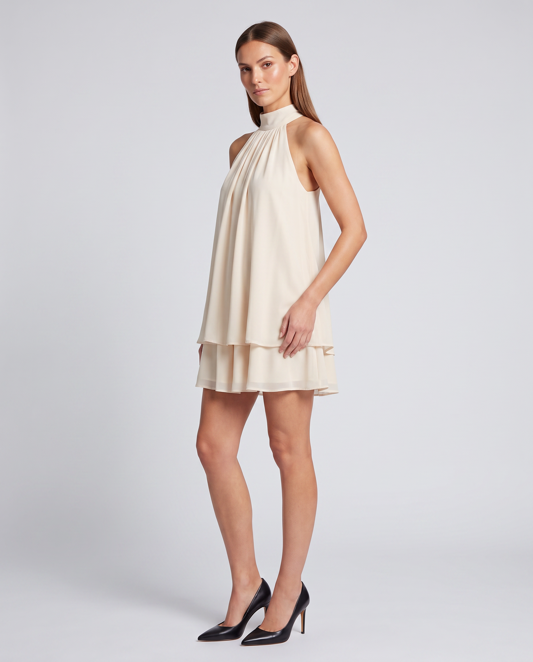 Beige Boat Neck A-Line Mini Dress Casual Day Dress