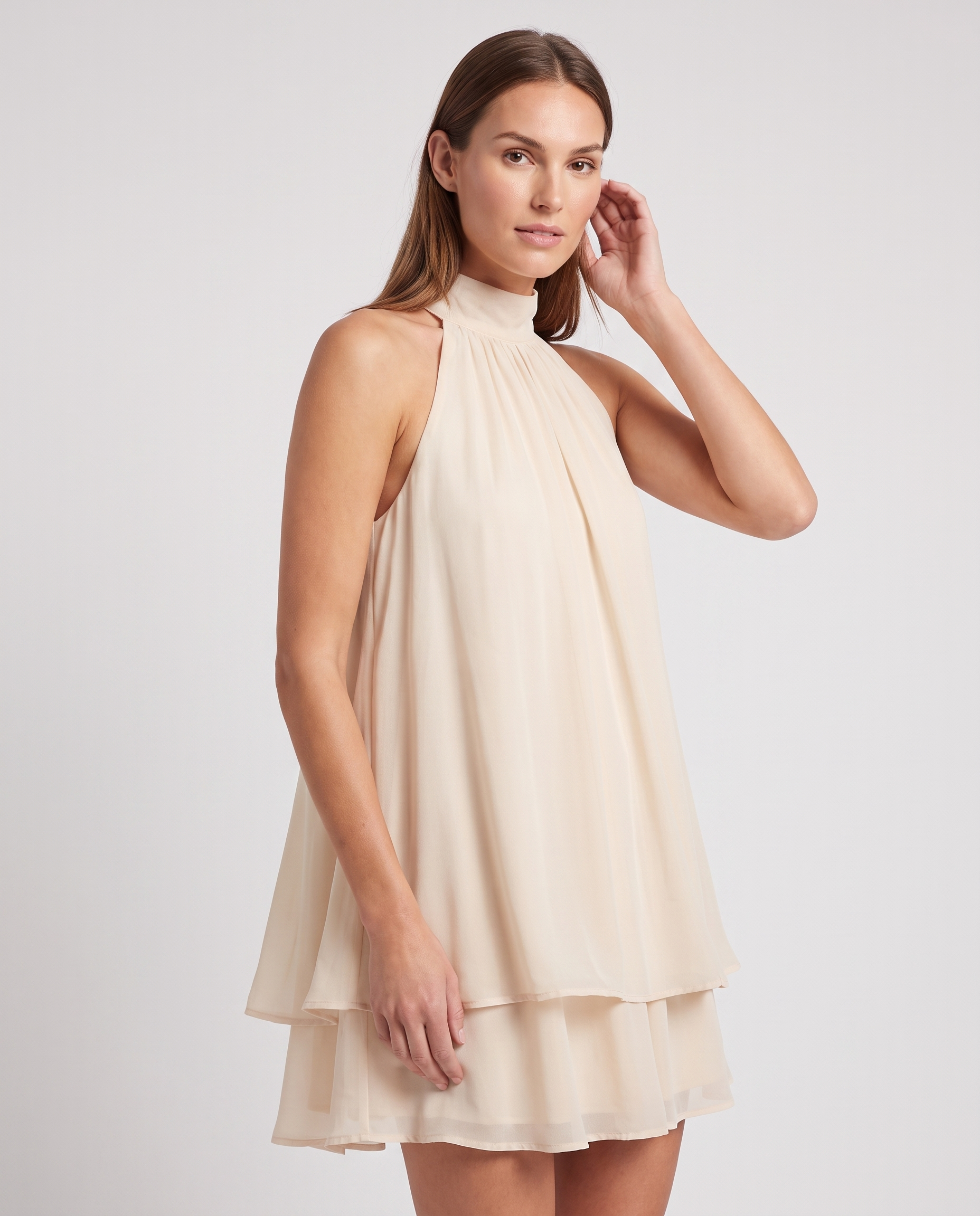 Beige Boat Neck A-Line Mini Dress Casual Day Dress - photo 2