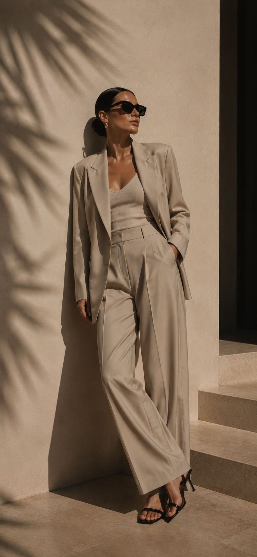 Woman in a beige oversized blazer and matching wide leg trousers