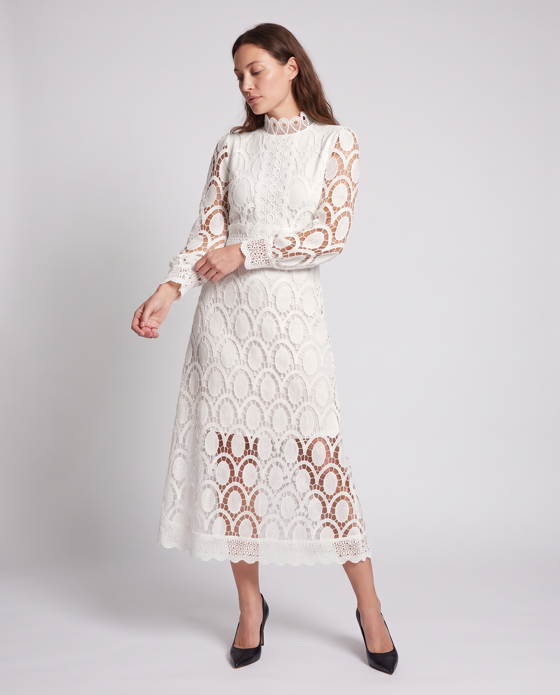 White Lace Midi Dress Puff Sleeve Wedding Guest Dress