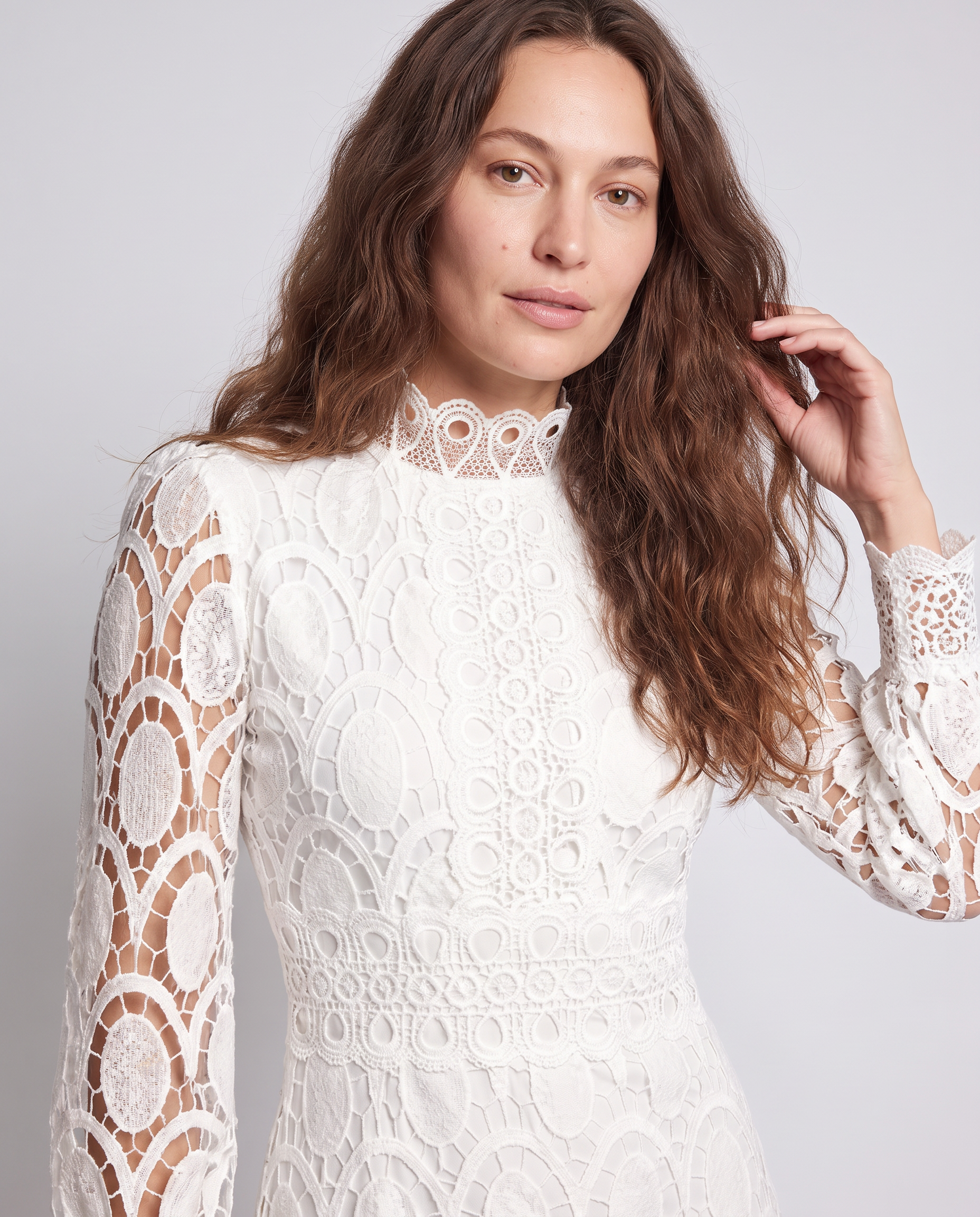 White Lace Midi Dress Puff Sleeve Wedding Guest Dress - photo 2