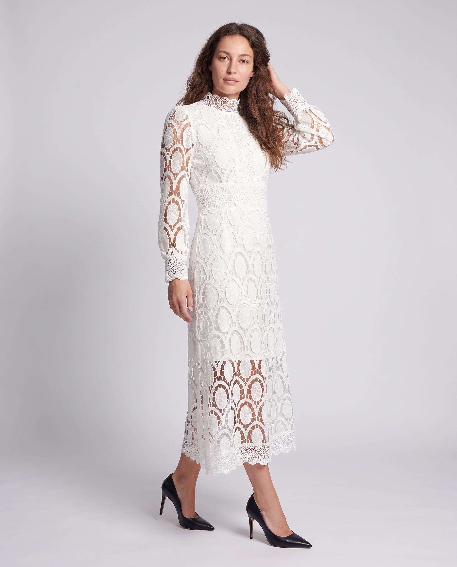 White Lace Midi Dress Puff Sleeve Wedding Guest Dress - photo 4