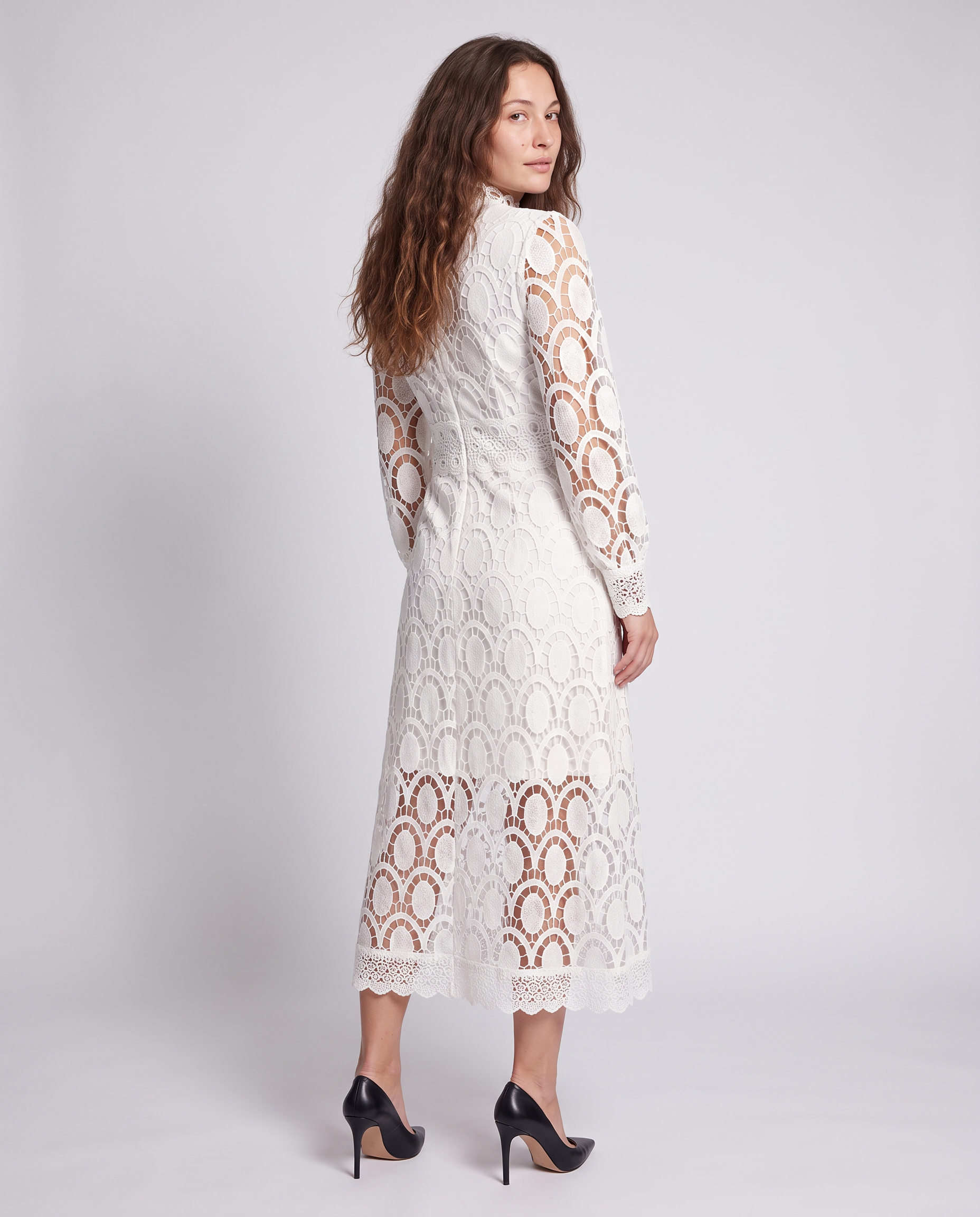 White Lace Midi Dress Puff Sleeve Wedding Guest Dress - photo 5