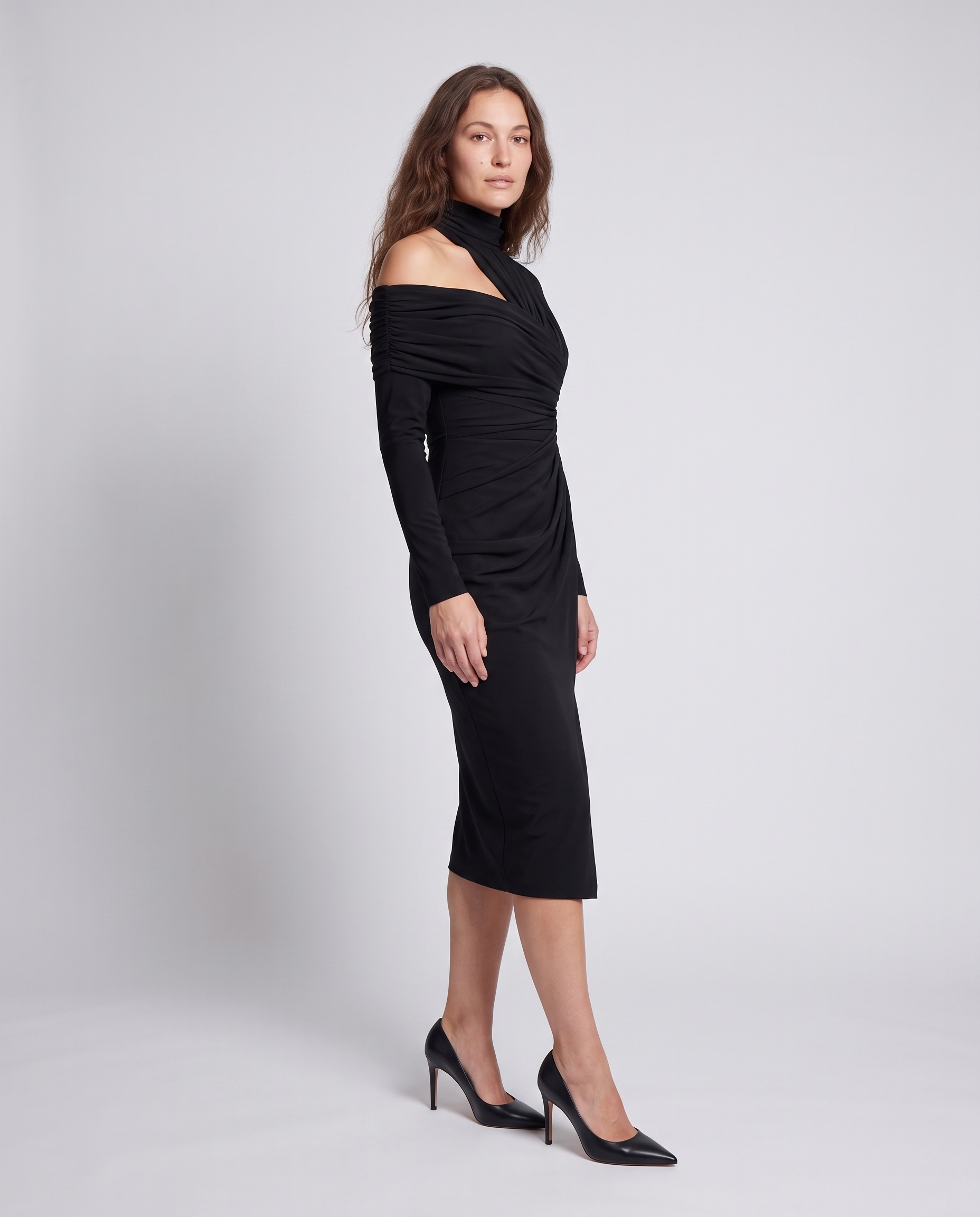 Black One Shoulder Asymmetric Draped Maxi Dress Evening Gown
