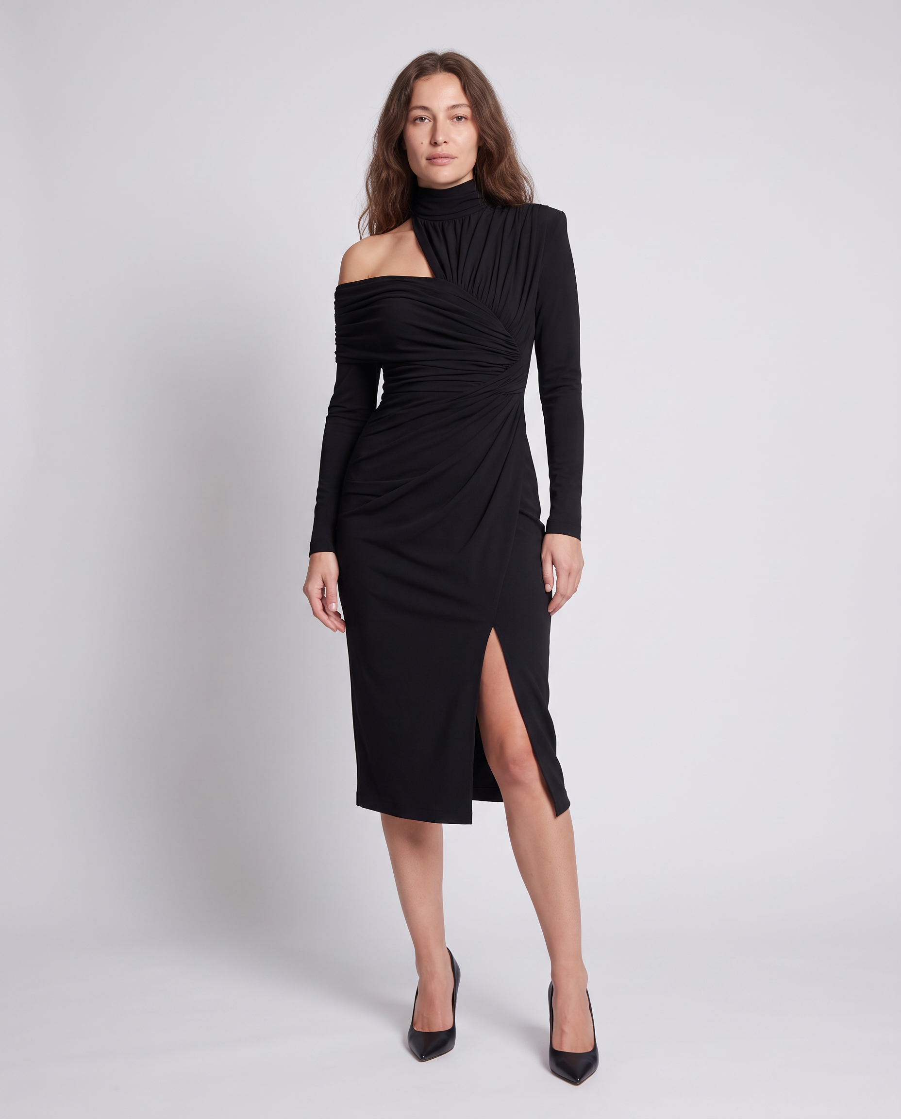 Black One Shoulder Asymmetric Draped Maxi Dress Evening Gown - photo 2