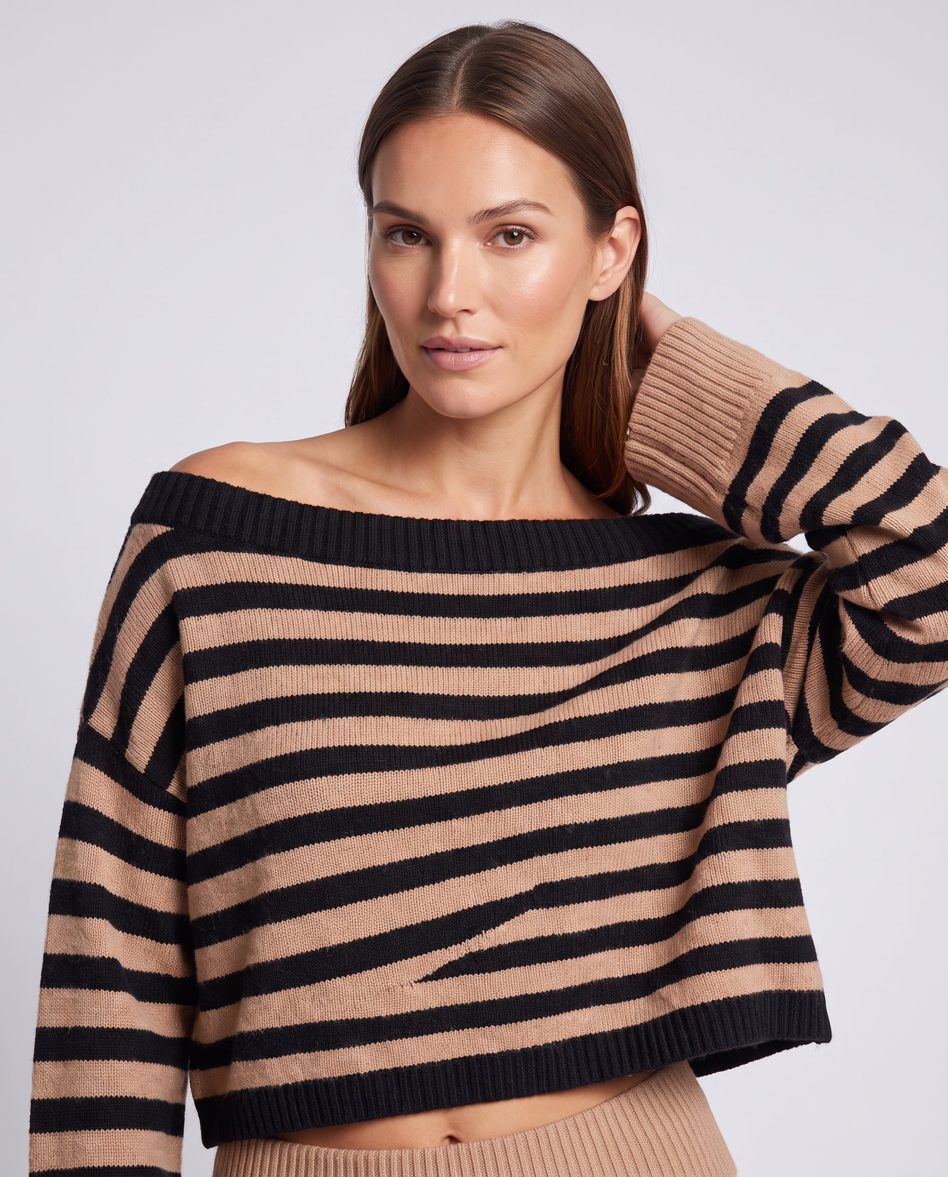Brown Striped Knit Two Piece Set Top and Shorts Co Ord - photo 2